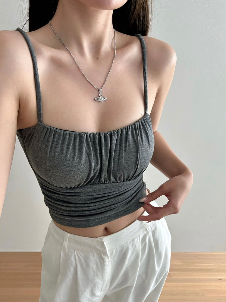 Ruched Solid Color Versatile Camisole Top for Women with Chest Pads, Elastic Slim Fit, Flattering Y2K Style Fashion Top Ruched Solid Color Versatile Camisole Top for Women with Chest Pads, Elastic Slim Fit, Flattering Y2K Style Fashion Top