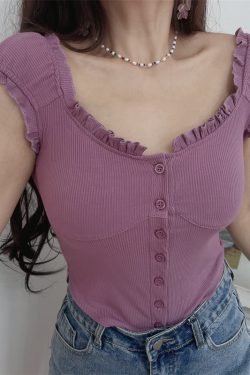 Ruffled Edge Crop Top for Women - Vintage American Style Elastic Short Sleeve T-Shirt - Spring/Summer 2024 Fashion