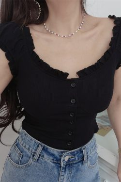 Ruffled Edge Crop Top for Women - Vintage American Style Elastic Short Sleeve T-Shirt - Spring/Summer 2024 Fashion