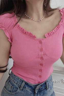 Ruffled Edge Crop Top for Women - Vintage American Style Elastic Short Sleeve T-Shirt - Spring/Summer 2024 Fashion