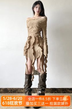 Ruffled Fringe Denim Skirt for Women, Distressed Light Wash Short Skirt, Off-Shoulder Dress, Y2K Style, Boho Chic Fashion