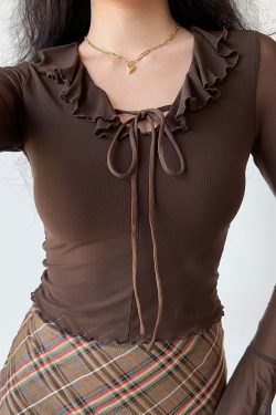 Ruffled Lace-Up Sheer Long Sleeve T-Shirt for Women – European American Style Slim Fit Top, Perfect for Y2K and Casual Chic Looks