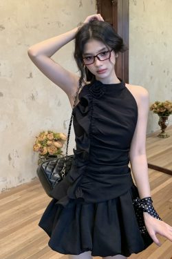 Ruffled Neck Hanging Neck Vest Top and Flower Bud Skirt Set for Women - Summer Sweet 90s Style Fashion Outfit