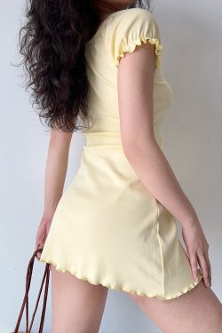 Ruffled Square Neck Dress with Rhinestones - Women's A-Line Short Sleeve Style in European and American Fashion