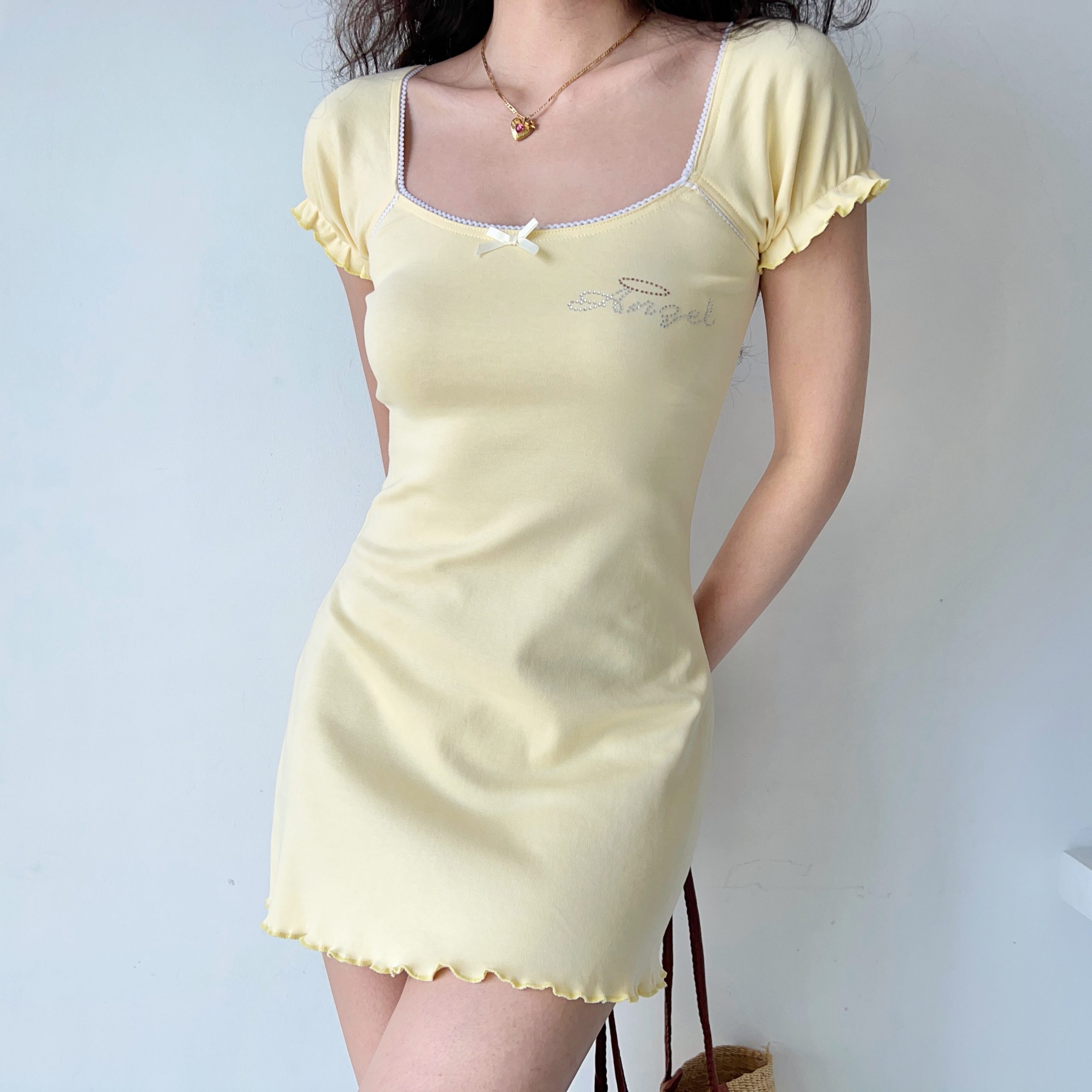 Ruffled Square Neck Dress with Rhinestones - Women's A-Line Short Sleeve Style in European and American Fashion Ruffled Square Neck Dress with Rhinestones - Women's A-Line Short Sleeve Style in European and American Fashion