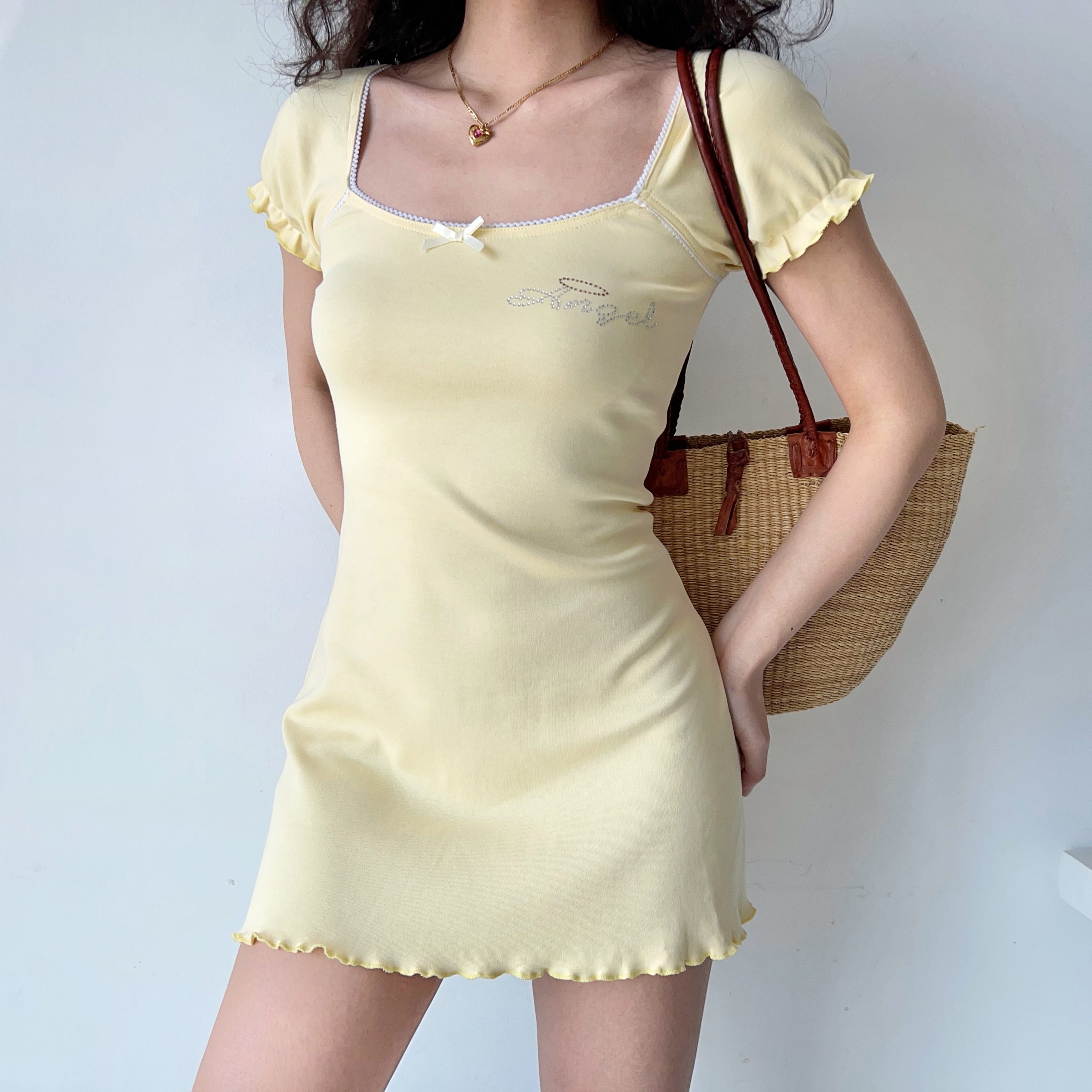 Ruffled Square Neck Dress with Rhinestones - Women's A-Line Short Sleeve Style in European and American Fashion Ruffled Square Neck Dress with Rhinestones - Women's A-Line Short Sleeve Style in European and American Fashion