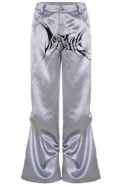 Satin Pleated Woven Pants for Women - Casual Loose Slimming Dark Silver Street Style Long Dance Pants - Trendy Y2K Fashion