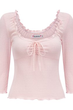 Self-Made Ballet Style Bow Low Neck Waffle T-Shirt for Women - Slim Fit Three-Quarter Sleeve Top in 90s Y2K Fashion