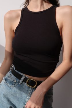 Sexy American Style Round Neck Ribbed Sleeveless Vest - Elastic Waist Slim Fit Stretchy Base Layer Top