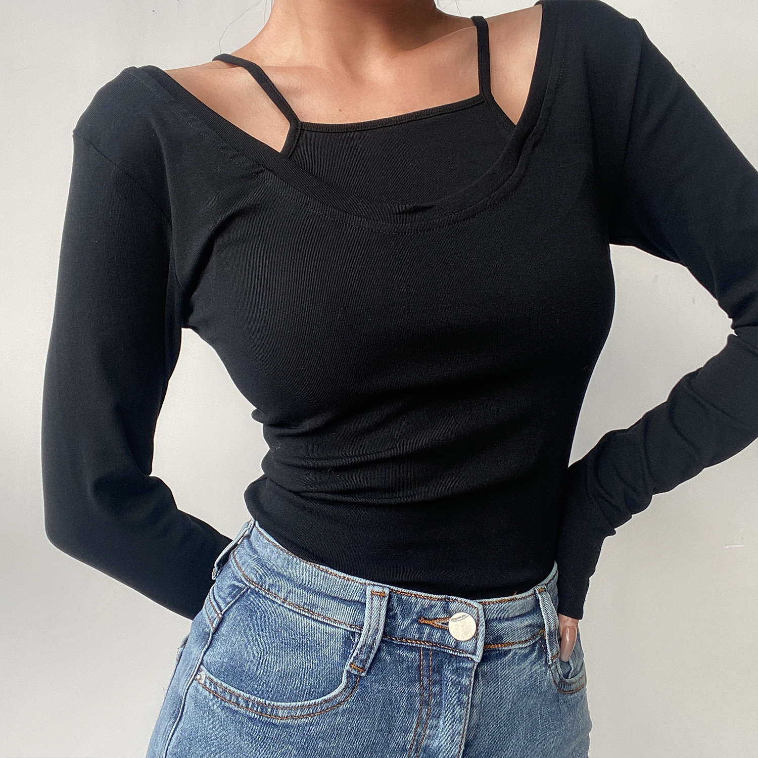 Sexy Big Round Neck Solid Color Spliced Fake Two-Piece Long Sleeve T-Shirt - Slim Fit Early Spring Style Sexy Big Round Neck Solid Color Spliced Fake Two-Piece Long Sleeve T-Shirt - Slim Fit Early Spring Style