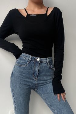 Sexy Big Round Neck Solid Color Spliced Fake Two-Piece Long Sleeve T-Shirt - Slim Fit Early Spring Style
