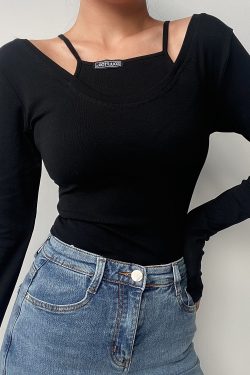 Sexy Big Round Neck Solid Color Spliced Fake Two-Piece Long Sleeve T-Shirt - Slim Fit Early Spring Style