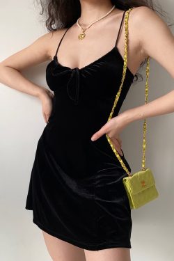 Sexy Black Velvet Lace-Up Camisole Dress for Women - A-Line Short Skirt, European American Style, Y2K Fashion