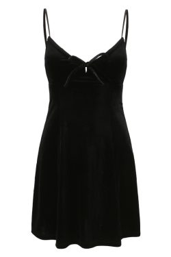 Sexy Black Velvet Lace-Up Camisole Dress for Women - A-Line Short Skirt, European American Style, Y2K Fashion