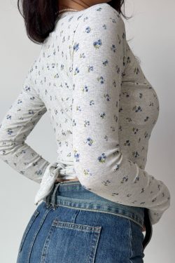 Sexy Cross V-Neck Wrap Long Sleeve Floral T-Shirt - European American Style Women's Top - Trendy Y2K Fashion