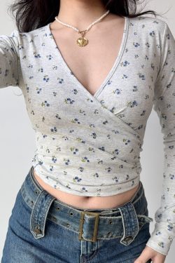 Sexy Cross V-Neck Wrap Long Sleeve Floral T-Shirt - European American Style Women's Top - Trendy Y2K Fashion