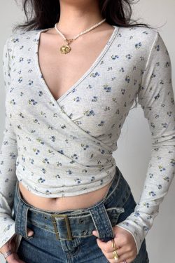 Sexy Cross V-Neck Wrap Long Sleeve Floral T-Shirt - European American Style Women's Top - Trendy Y2K Fashion