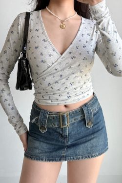 Sexy Cross V-Neck Wrap Long Sleeve Floral T-Shirt - European American Style Women's Top - Trendy Y2K Fashion