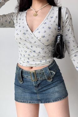 Sexy Cross V-Neck Wrap Long Sleeve Floral T-Shirt - European American Style Women's Top - Trendy Y2K Fashion