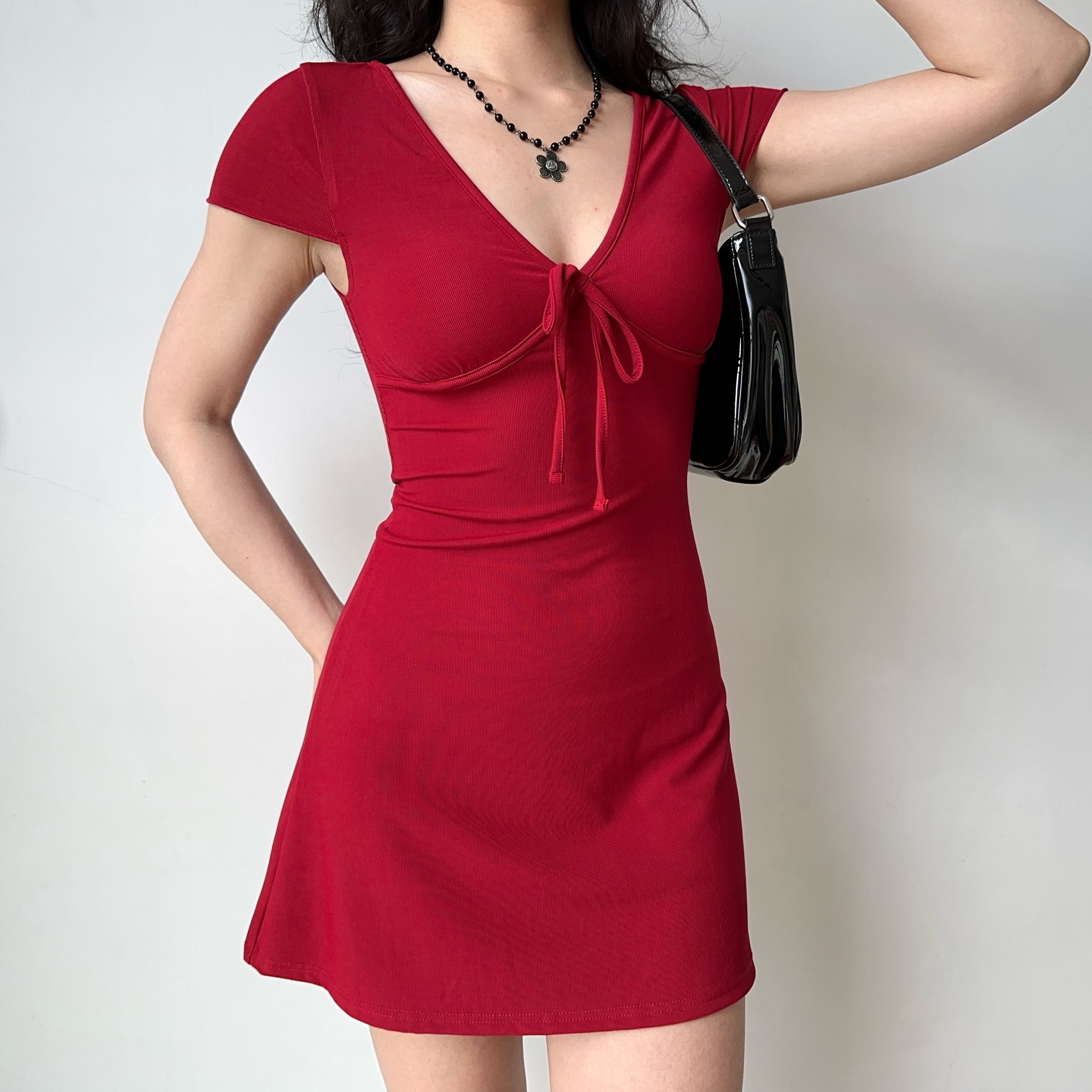 Sexy Deep V-Neck Bodycon Dress for Women - Short Sleeve, Slim Fit, European and American Style, Trendy Y2K Short Skirt Sexy Deep V-Neck Bodycon Dress for Women - Short Sleeve, Slim Fit, European and American Style, Trendy Y2K Short Skirt