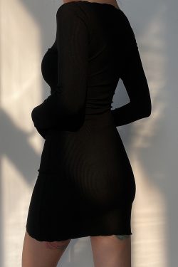 Sexy Deep V-Neck Hollow Drawstring Solid Color Waist-Cinching Slim-Fit Long Sleeve Bodycon Split Dress - European and American Style