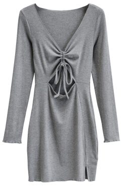 Sexy Deep V-Neck Hollow Drawstring Solid Color Waist-Cinching Slim-Fit Long Sleeve Bodycon Split Dress - European and American Style