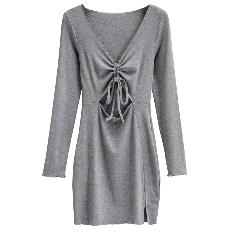 Sexy Deep V-Neck Hollow Drawstring Solid Color Waist-Cinching Slim-Fit Long Sleeve Bodycon Split Dress - European and American Style Sexy Deep V-Neck Hollow Drawstring Solid Color Waist-Cinching Slim-Fit Long Sleeve Bodycon Split Dress - European and American Style