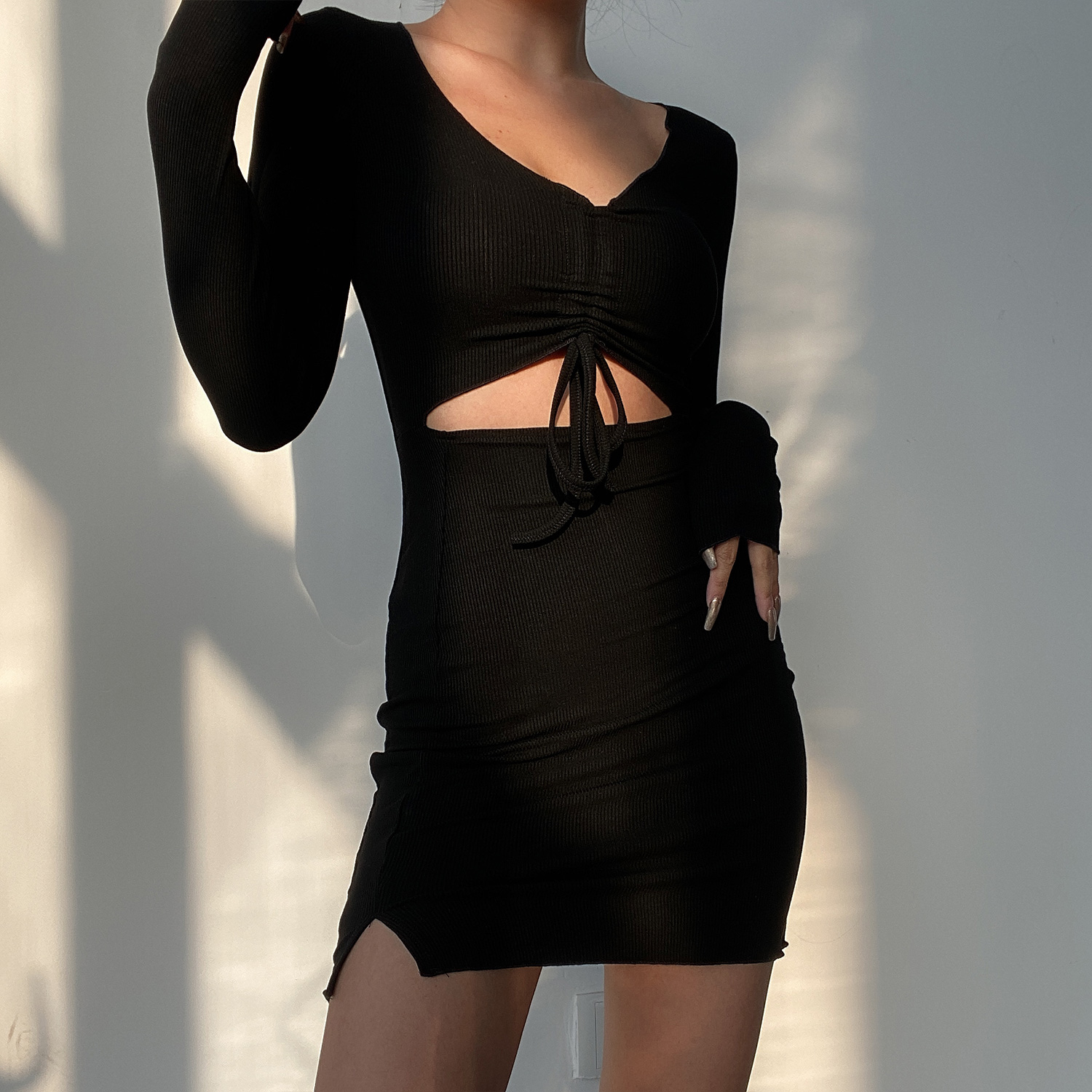 Sexy Deep V-Neck Hollow Drawstring Solid Color Waist-Cinching Slim-Fit Long Sleeve Bodycon Split Dress - European and American Style Sexy Deep V-Neck Hollow Drawstring Solid Color Waist-Cinching Slim-Fit Long Sleeve Bodycon Split Dress - European and American Style