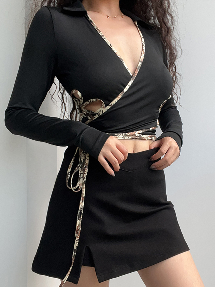 Sexy Deep V-Neck Hollow Floral Long Sleeve Cropped Top - European American Style High-Waisted Y2K Fashion for Hot Girls Sexy Deep V-Neck Hollow Floral Long Sleeve Cropped Top - European American Style High-Waisted Y2K Fashion for Hot Girls