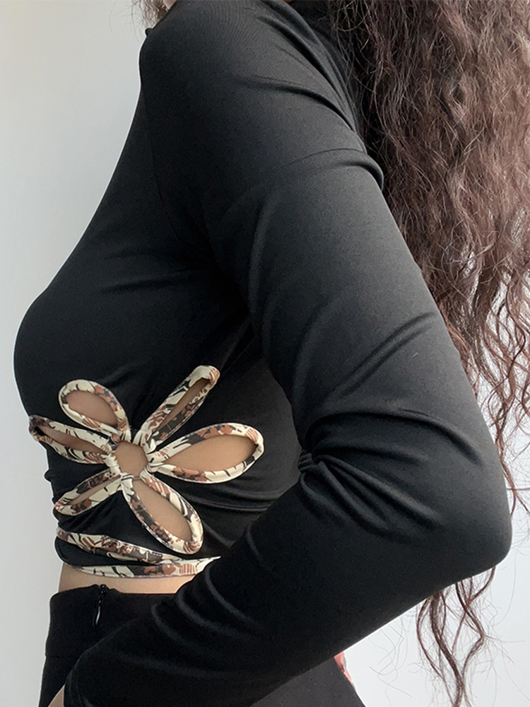 Sexy Deep V-Neck Hollow Floral Long Sleeve Cropped Top - European American Style High-Waisted Y2K Fashion for Hot Girls Sexy Deep V-Neck Hollow Floral Long Sleeve Cropped Top - European American Style High-Waisted Y2K Fashion for Hot Girls