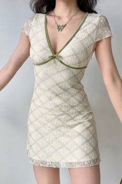 Sexy Deep V-Neck Lace Check Short Sleeve Dress for Women - European and American Style Summer Fashion