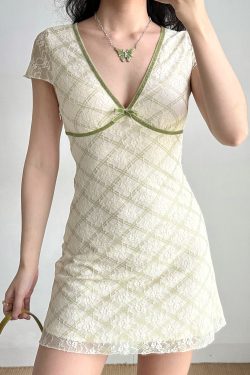 Sexy Deep V-Neck Lace Check Short Sleeve Dress for Women - European and American Style Summer Fashion