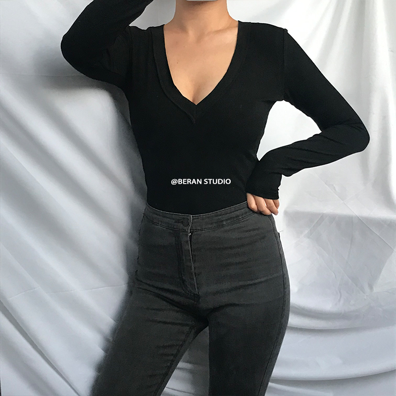 Sexy Deep V-Neck Long Sleeve Ribbed T-Shirt Top - Solid Color Slim Fit - European American Style Sexy Deep V-Neck Long Sleeve Ribbed T-Shirt Top - Solid Color Slim Fit - European American Style