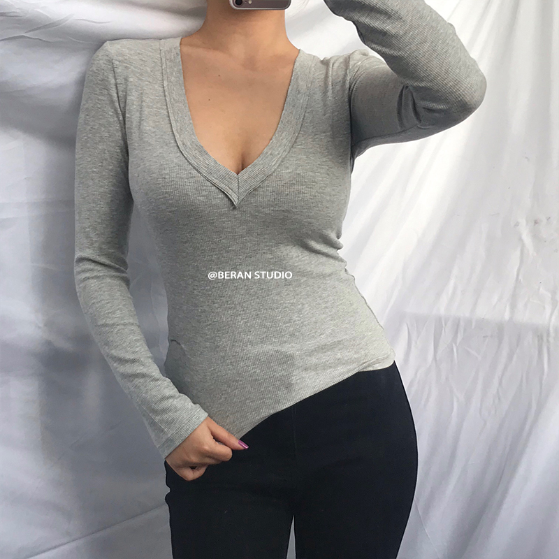 Sexy Deep V-Neck Long Sleeve Ribbed T-Shirt Top - Solid Color Slim Fit - European American Style Sexy Deep V-Neck Long Sleeve Ribbed T-Shirt Top - Solid Color Slim Fit - European American Style