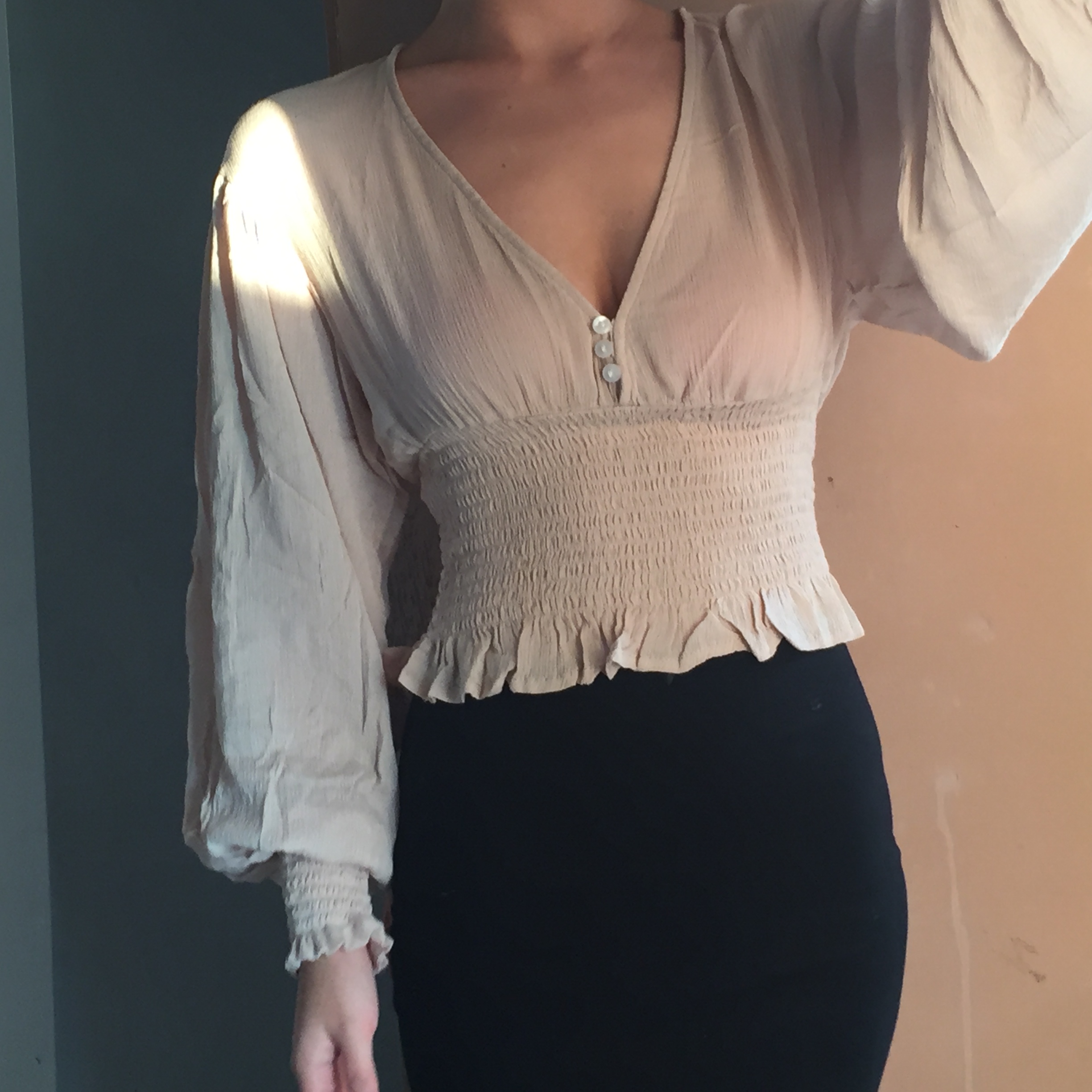 Sexy Deep V Retro Lantern Sleeve Button-Up Shirt Top with Elastic Waist - European American Style Fashion Sexy Deep V Retro Lantern Sleeve Button-Up Shirt Top with Elastic Waist - European American Style Fashion