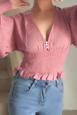 Sexy Deep V Retro Lantern Sleeve Button-Up Shirt Top with Elastic Waist - European American Style Fashion