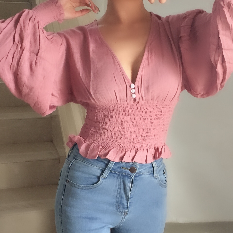 Sexy Deep V Retro Lantern Sleeve Button-Up Shirt Top with Elastic Waist - European American Style Fashion Sexy Deep V Retro Lantern Sleeve Button-Up Shirt Top with Elastic Waist - European American Style Fashion