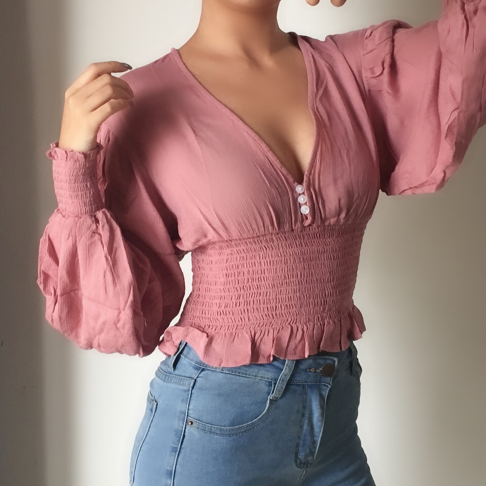 Sexy Deep V Retro Lantern Sleeve Button-Up Shirt Top with Elastic Waist - European American Style Fashion Sexy Deep V Retro Lantern Sleeve Button-Up Shirt Top with Elastic Waist - European American Style Fashion