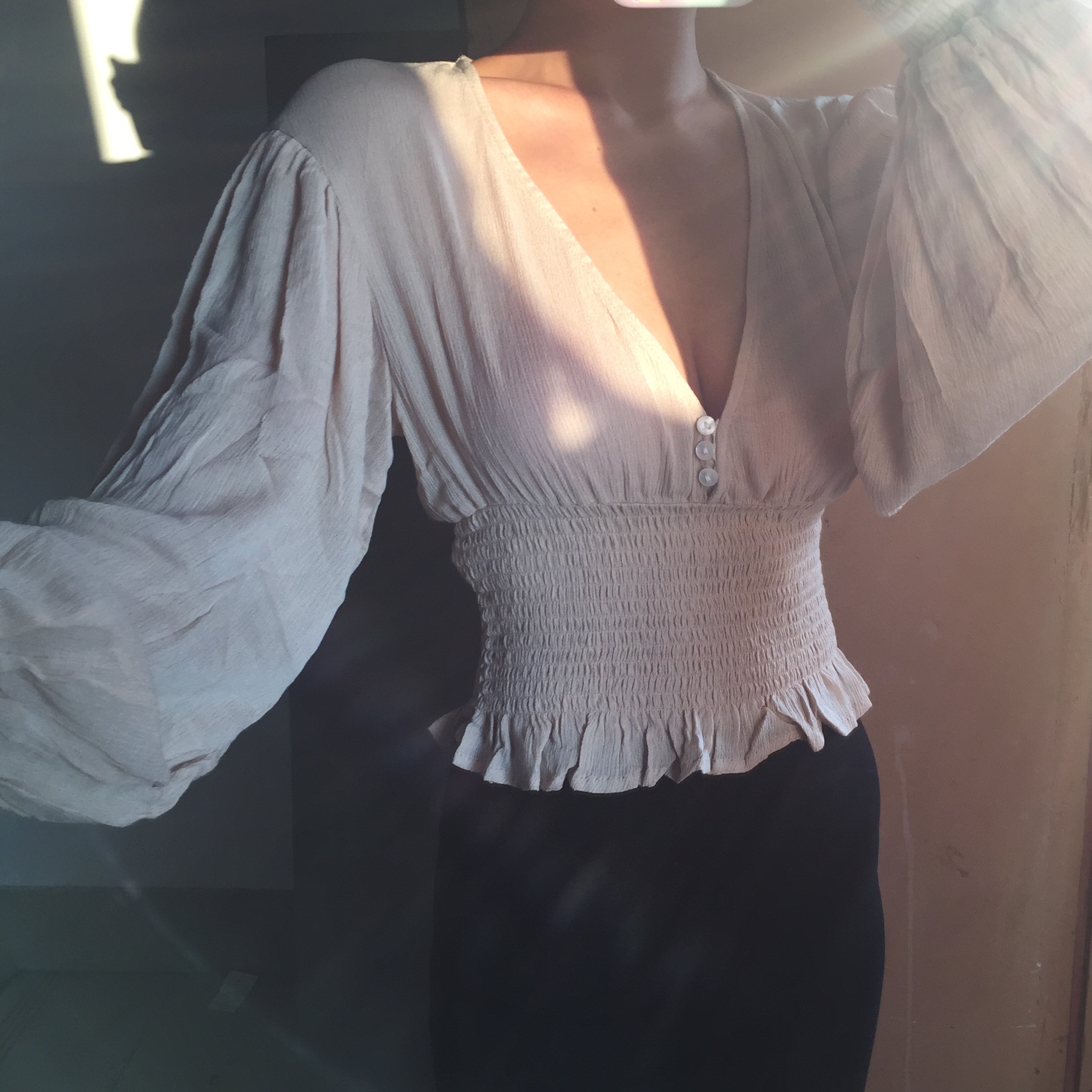 Sexy Deep V Retro Lantern Sleeve Button-Up Shirt Top with Elastic Waist - European American Style Fashion Sexy Deep V Retro Lantern Sleeve Button-Up Shirt Top with Elastic Waist - European American Style Fashion