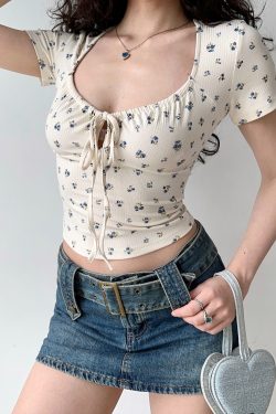 Sexy Floral Tie Short Sleeve T-Shirt Top for Women - Big U-Neck, High-Waist, European & American Style, Summer Essential