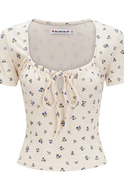 Sexy Floral Tie Short Sleeve Women's Summer T-Shirt - Big U-Neck, High-Waist, European & American Style, Perfect for Y2K Looks