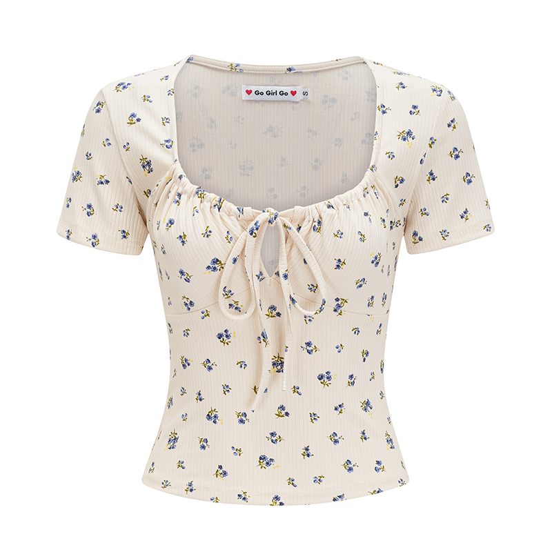 Sexy Floral Tie Short Sleeve Women's Summer T-Shirt - Big U-Neck, High-Waist, European & American Style, Perfect for Y2K Looks Sexy Floral Tie Short Sleeve Women's Summer T-Shirt - Big U-Neck, High-Waist, European & American Style, Perfect for Y2K Looks