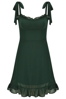 Sexy Green Shoulder Tie Ruffled Edge Waist-Cinching Short A-Line Dress - Flirty 90s Inspired Style