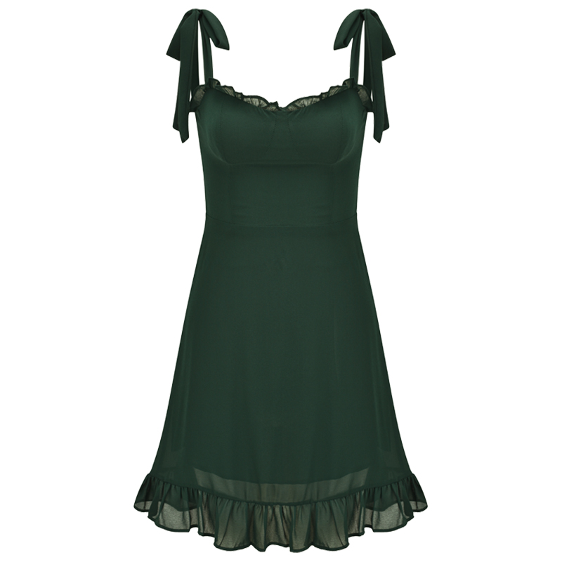 Sexy Green Shoulder Tie Ruffled Edge Waist-Cinching Short A-Line Dress - Flirty 90s Inspired Style Sexy Green Shoulder Tie Ruffled Edge Waist-Cinching Short A-Line Dress - Flirty 90s Inspired Style