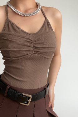 Sexy Halter Neck V-Neck High-Waisted Ribbed Camisole - Slim Fit Solid Color Top for European and American Style