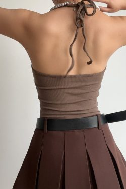 Sexy Halter Neck V-Neck High-Waisted Ribbed Camisole - Slim Fit Solid Color Top for European and American Style