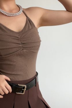 Sexy Halter Neck V-Neck High-Waisted Ribbed Camisole - Slim Fit Solid Color Top for European and American Style