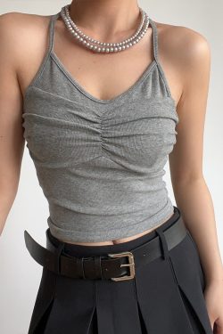 Sexy Halter Neck V-Neck High-Waisted Ribbed Camisole - Slim Fit Solid Color Top for European and American Style