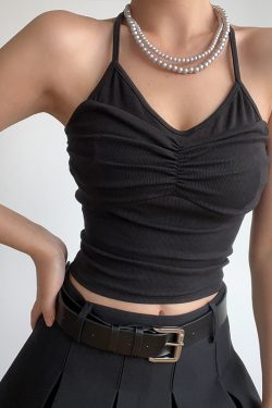 Sexy Halter Neck V-Neck High-Waisted Ribbed Camisole - Slim Fit Solid Color Top for European and American Style