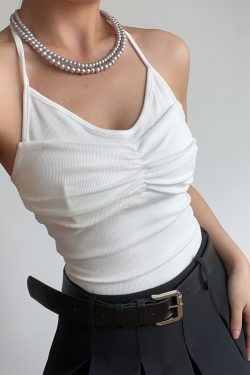 Sexy Halter Neck V-Neck High-Waisted Ribbed Camisole - Slim Fit Solid Color Top for European and American Style